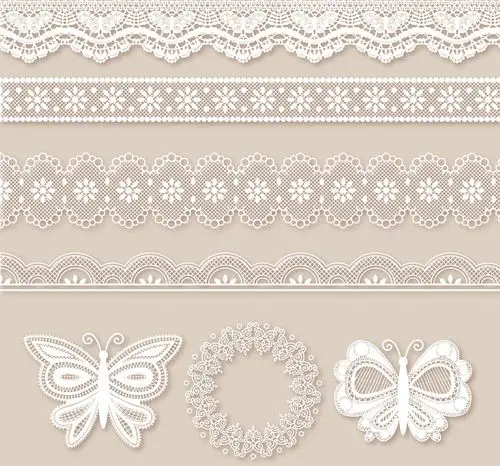 5款白色蕾丝花边和2只蝴蝶矢量图