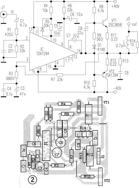 电路如图1所示,推动级采用了意法(sgs-thomson)公司的新品tda7294