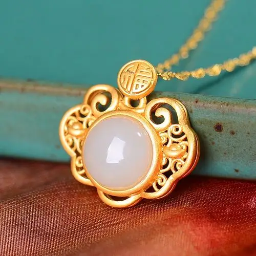 金镶玉古法银吊坠s925银镶和田白玉福锁吊坠古法金工艺如意锁项链