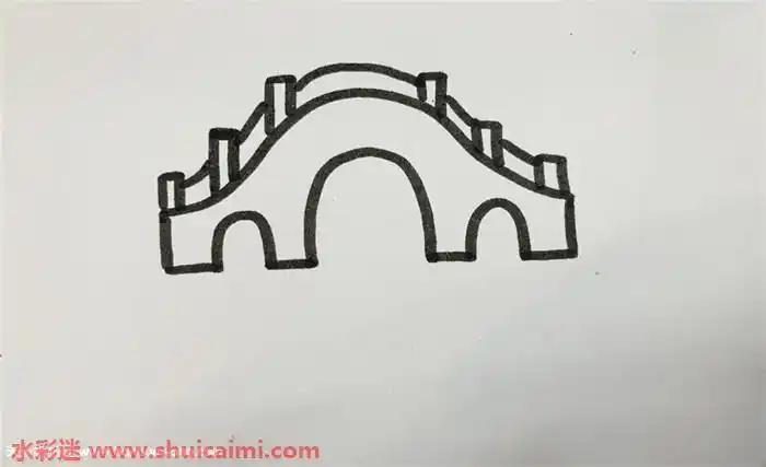 5,最后给栏柱涂上灰色后,底下的桥孔里画出蓝色的水流,简单的桥就画好