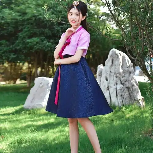 夏季新款女士短袖朝鲜族民族舞蹈演出服韩国传统刺绣女式韩服套装