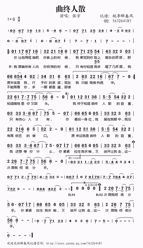 曲终人散简谱曲终人散歌谱张宇演唱歌曲