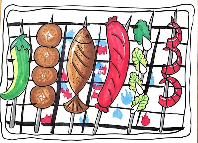 烧烤串串,儿童画_烧烤_儿童画_串串_绘画_母婴_早教