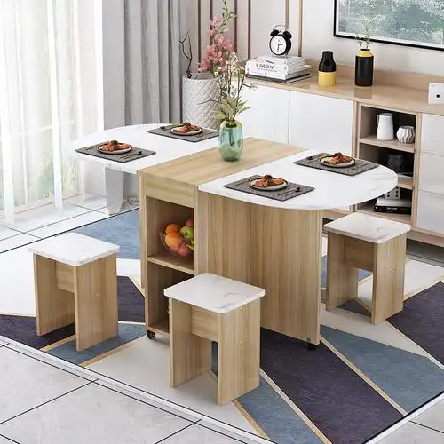 艺可恩现代简约长方形折叠餐桌椅组合移动小户型家用多功能餐桌大理石