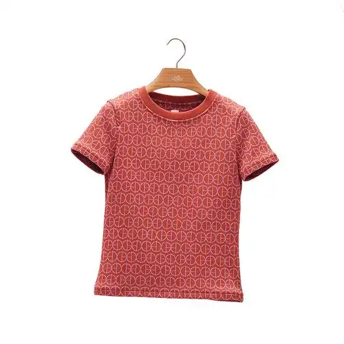 hermes/爱马仕 22年春夏新款 女士血橙色纯棉图案微提花短袖t恤 血