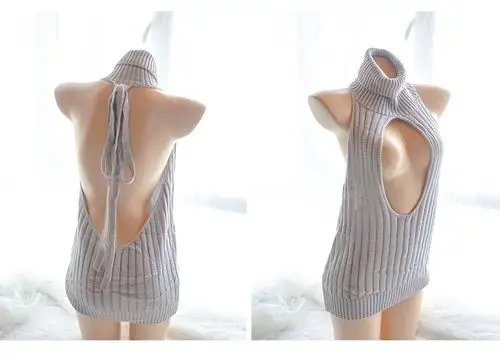 露背毛衣团子女一字横开胸处男杀手连体系带连接高领性感工口毛衣