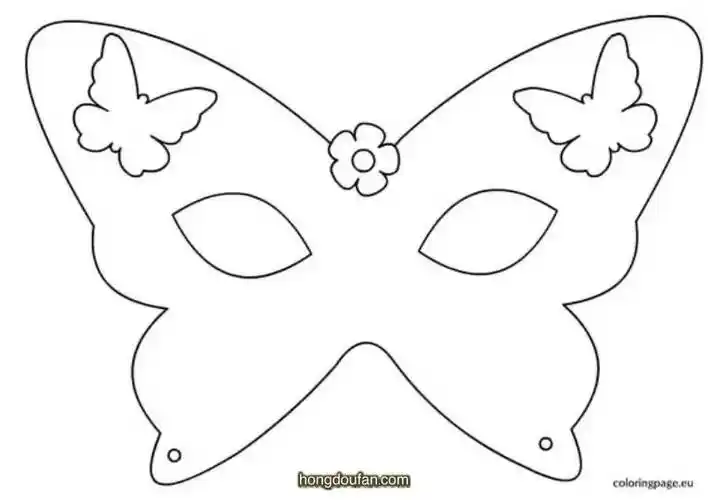 带着花朵的蝴蝶可填色面具手工课可打印图纸下载-红豆饭小学生简笔画