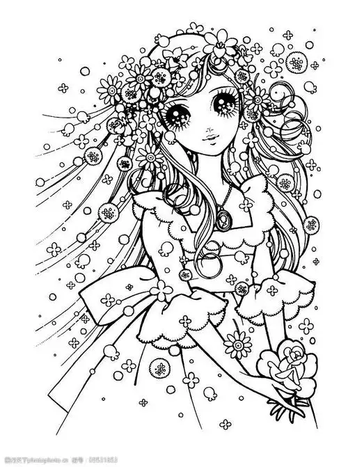 美丽婚纱少女卡通填色插画图片
