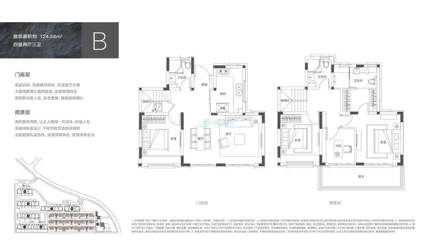 融创一池半海别墅一期御府组团叠拼别墅b户型 4房2厅1厨3卫 建面124.
