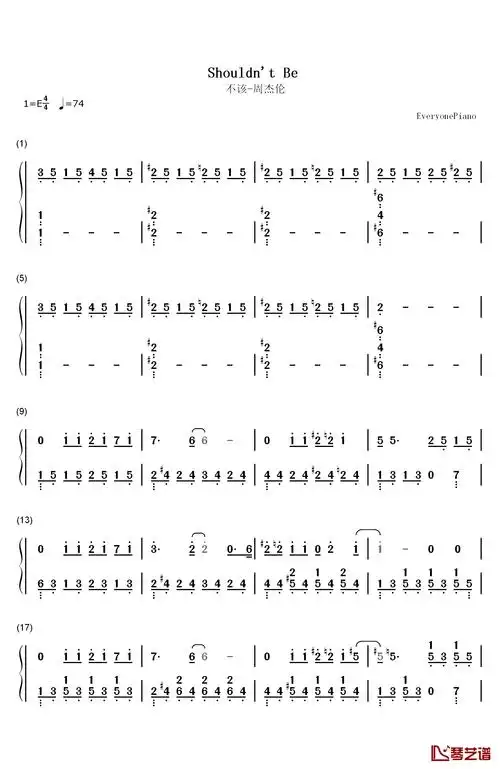 不该钢琴简谱-数字双手-周杰伦1