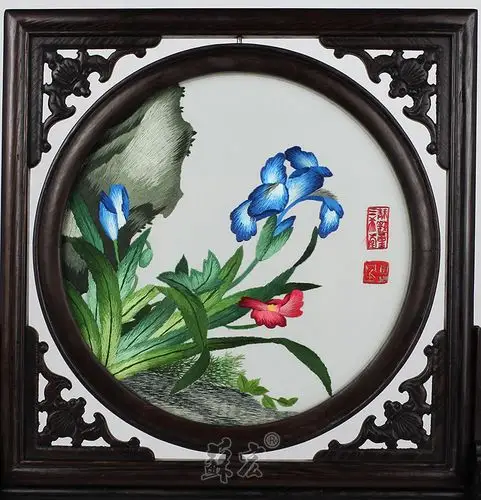 苏宏苏绣双面绣摆件 江南特色工艺品 全手工刺绣紫光檀木五福门架