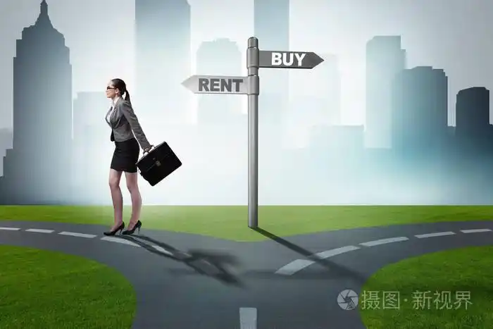 在十字路口之间购买和租赁的女商人