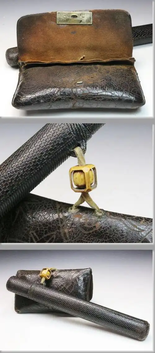 皮制烟草入れ ■■   时代 网代烟管筒 皮制烟草入れをお预かりしまし