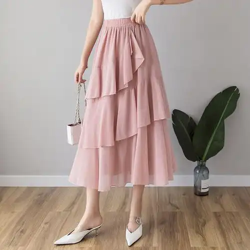 实拍2020雪纺蛋糕裙半身裙多层次女春夏复古不规则a字长裙沙滩裙
