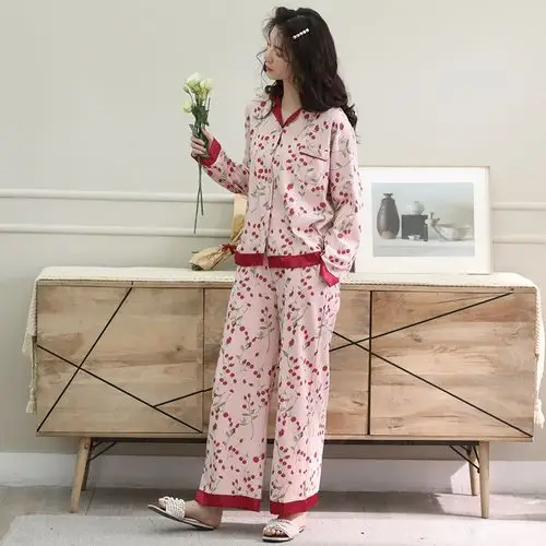 睡衣女秋季纯棉长袖翻领开衫甜美小碎花女士春秋冬全棉家居服套装