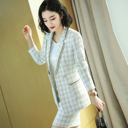 名媛气质小香风西装短裙套装女春秋职业洋气格子西服两件套工作服