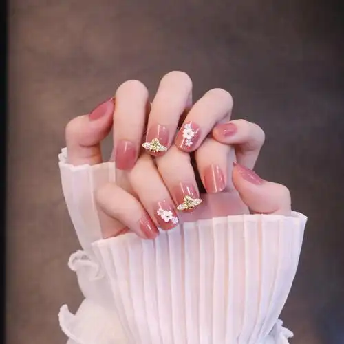 美甲贴片穿戴甲美甲成品短款西柚珠光小蜜蜂指甲贴片网红假指甲片