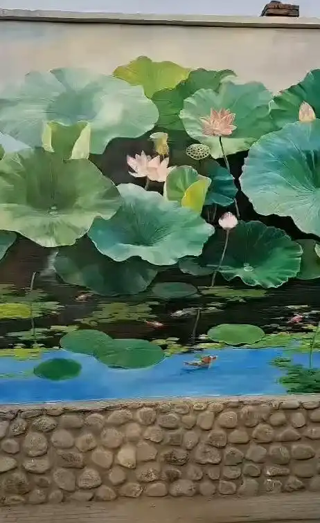 美丽乡村墙绘油画写实荷花壁画-度小视