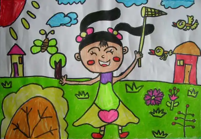 幼儿彩笔画作品快乐的女孩