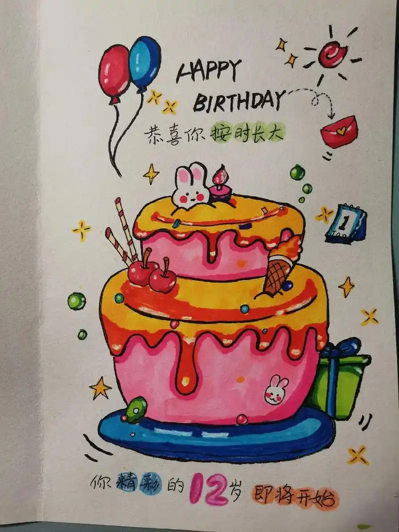 手绘:生日贺卡.#手绘 #装饰画 #马克笔手绘 #生日贺卡  - 抖音