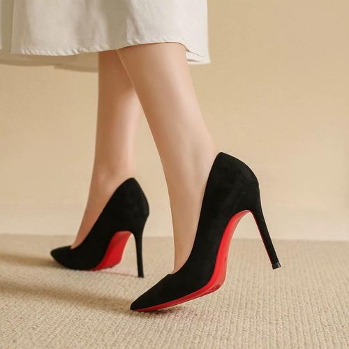 绒面女细跟尖头性感单鞋红底高跟鞋侧空职业百搭女鞋2024黑色新款