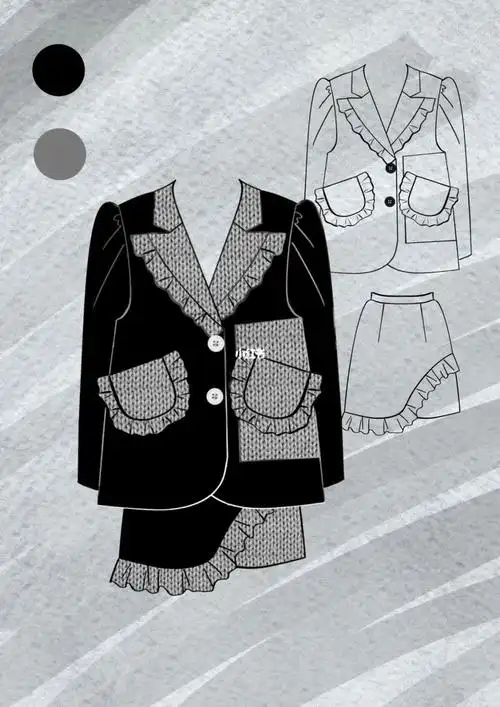 服装平面效果图77平面款式图西装面料拼接粗纹针织#小众设计感西装