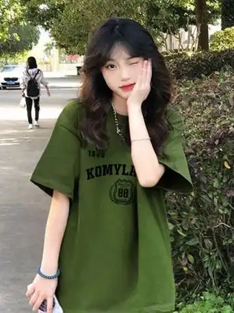 920军绿#夏新款双纱棉军绿色大码女装短袖t恤 - 17网