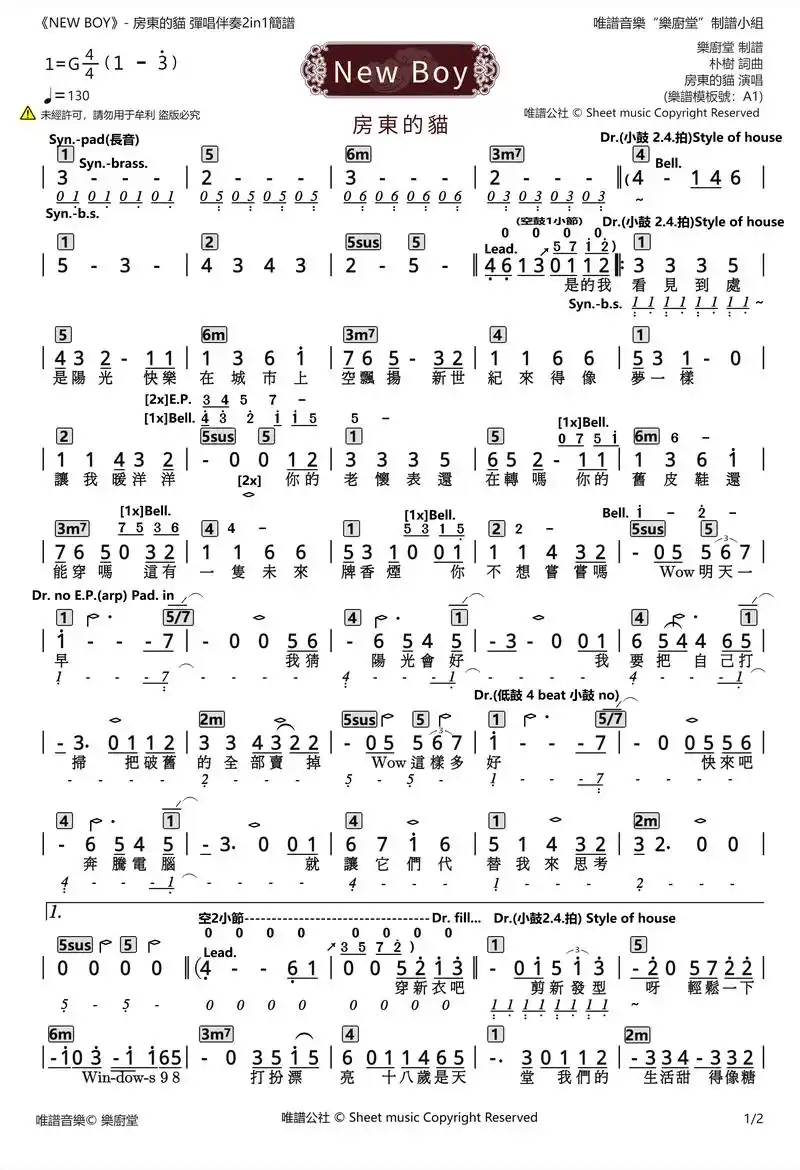 房东的猫《new boy》(模板号a1).#弹唱伴奏2in1