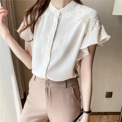 立领衬衫女雪纺短袖