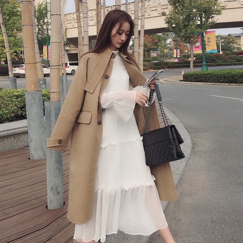 秋新品半高领长款仙女蛋糕裙内搭美美的木耳边白色雪纺连衣裙打底