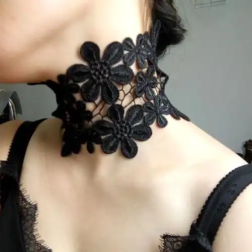 现货黑色加宽颈链女遮疤项链 痕纹身遮盖花卉钩花颈饰围脖领_7折现价