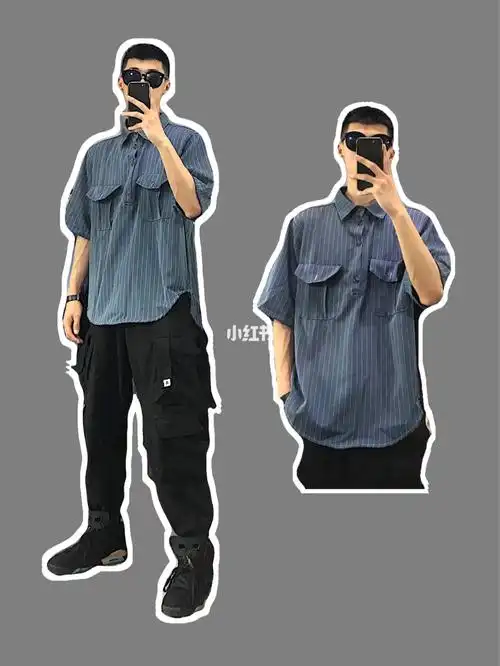 厌鸿尘男生夏季穿搭条纹polo衫工装裤运动鞋