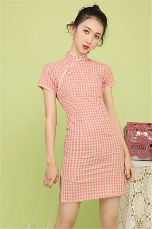 旗袍连衣裙新款格子旗袍年轻款少女改良版小个子短款显瘦旗袍裙