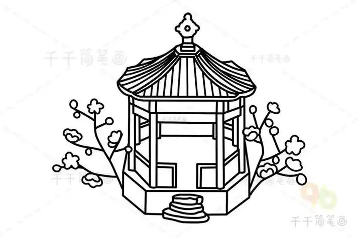 在亭子里写作业的小女孩简笔画