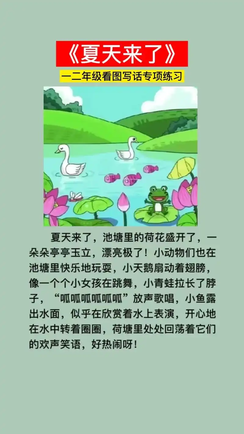 《夏天》看图写话一二年级图片和范文,夏天到了小池塘可热闹了