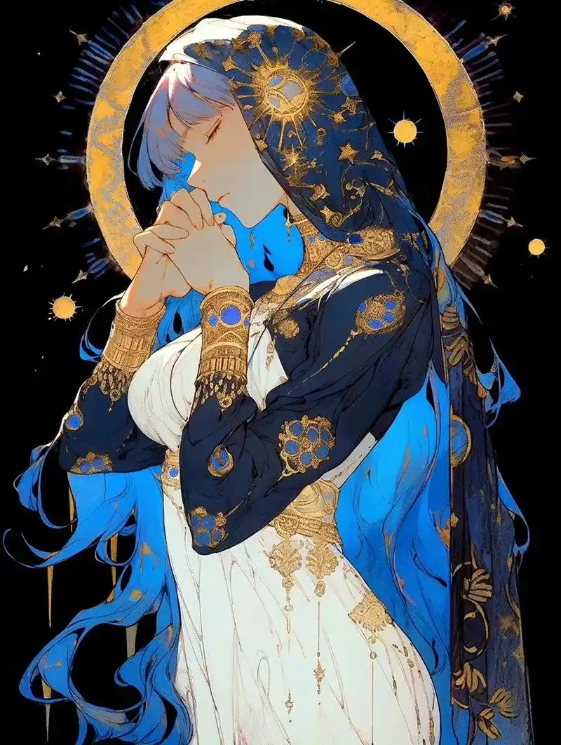 一组以"少女的祈祷"为主题的插画,色彩对比强烈,人物生动传神.