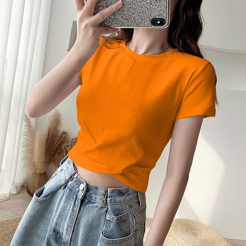 橙色短袖t恤女短款2021年新款夏季纯棉网红ins潮超火橘色高腰上衣