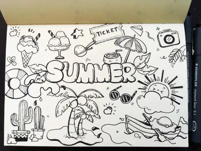 涂鸦夏天简笔画黑白涂鸦手账素材