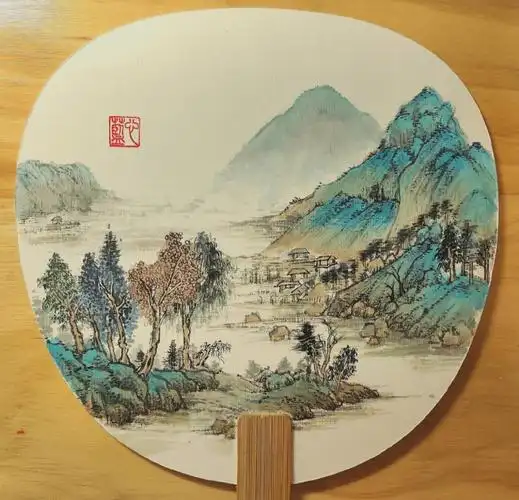 国画青绿山水团扇