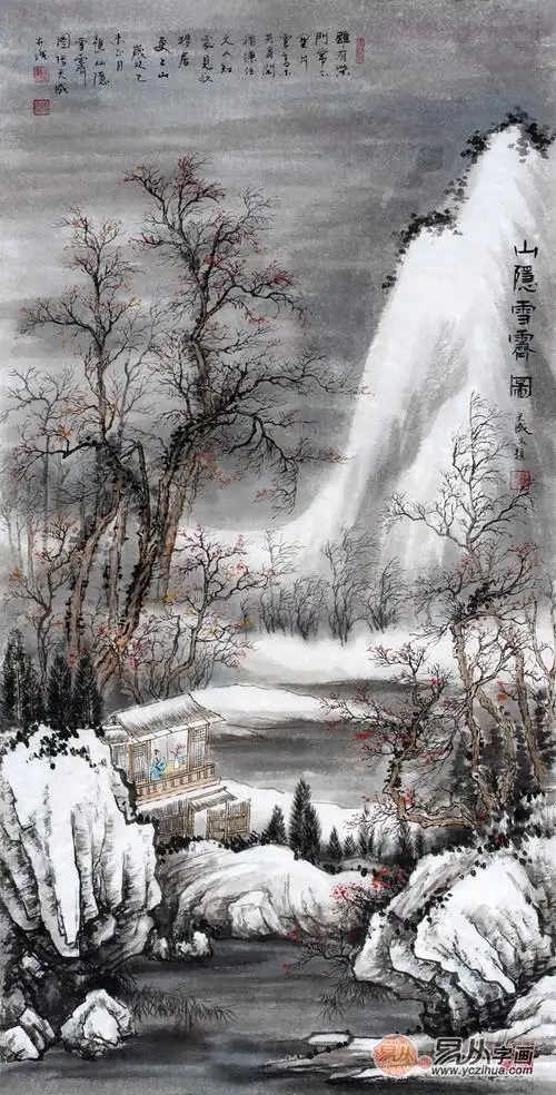 雪景山水画张天成四尺竖幅山水画山隐雪霁图名家藏品保价增值