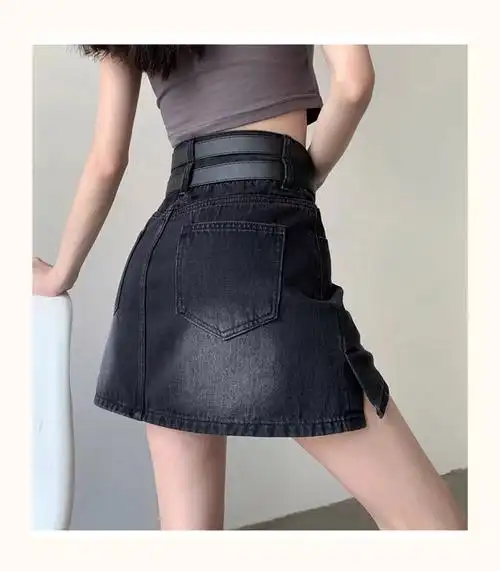 春夏新款复古港风短裙女韩版甜酷高腰设计感显瘦a字牛仔半身裙子 - 17