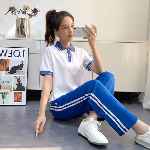 蓝白校服套装初高中学生班服学院风男女纯棉短袖t恤 两杠宽松长裤