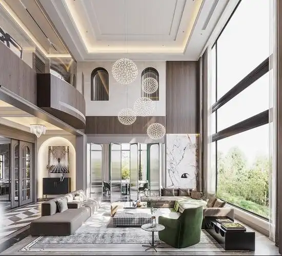 上海自建别墅1000平轻奢风格别墅客厅装修效果图