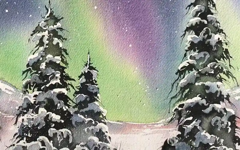 夜晚星空北极光风景水彩画教程