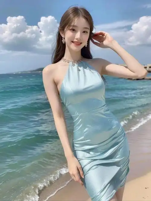 美女优雅女神降临清新蓝裙配白纱甜美笑容彰显高贵气质