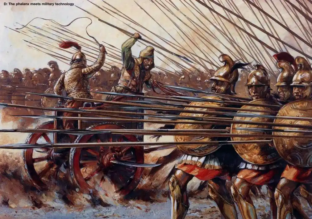 手持长达5-6米萨里沙长矛,纵深达16人的马其顿方阵的正面几乎无蓟不