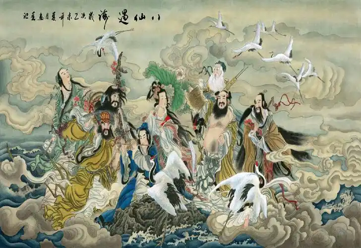 44236国画字画工笔人物画八仙过海横幅客厅装饰画高仿真画芯批发
