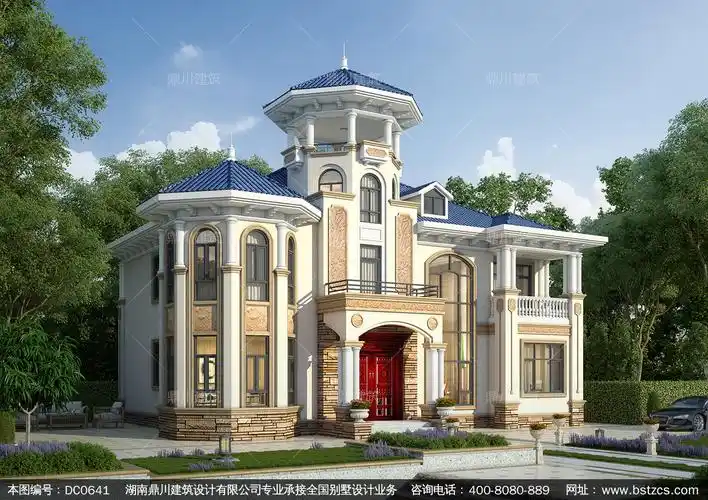 漂亮的二层带凉亭欧式别墅设计图纸新农村复式带旋转楼梯自建别墅设计