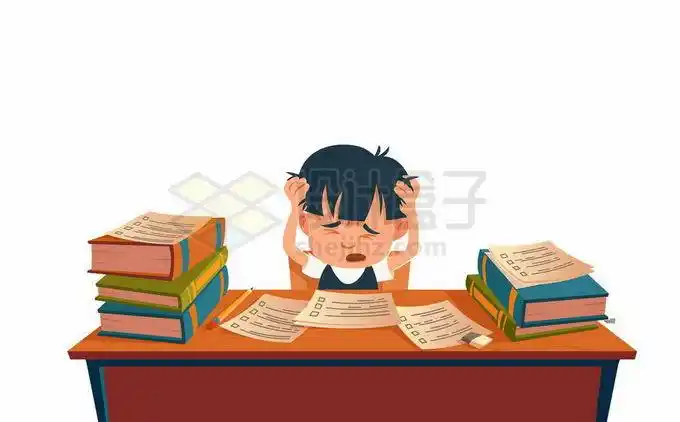 书桌前面对试卷焦头烂额抓耳挠腮的卡通小男孩做作业学习5889115矢量