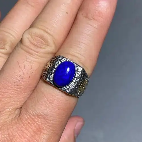 宝石级青金石男款戒指青925银镶嵌活圈